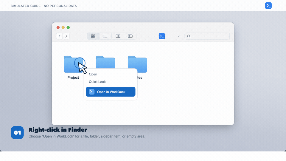 Simulated guide showing the WorkDock Finder context menu, dedicated Finder toolbar item, and menu bar icon